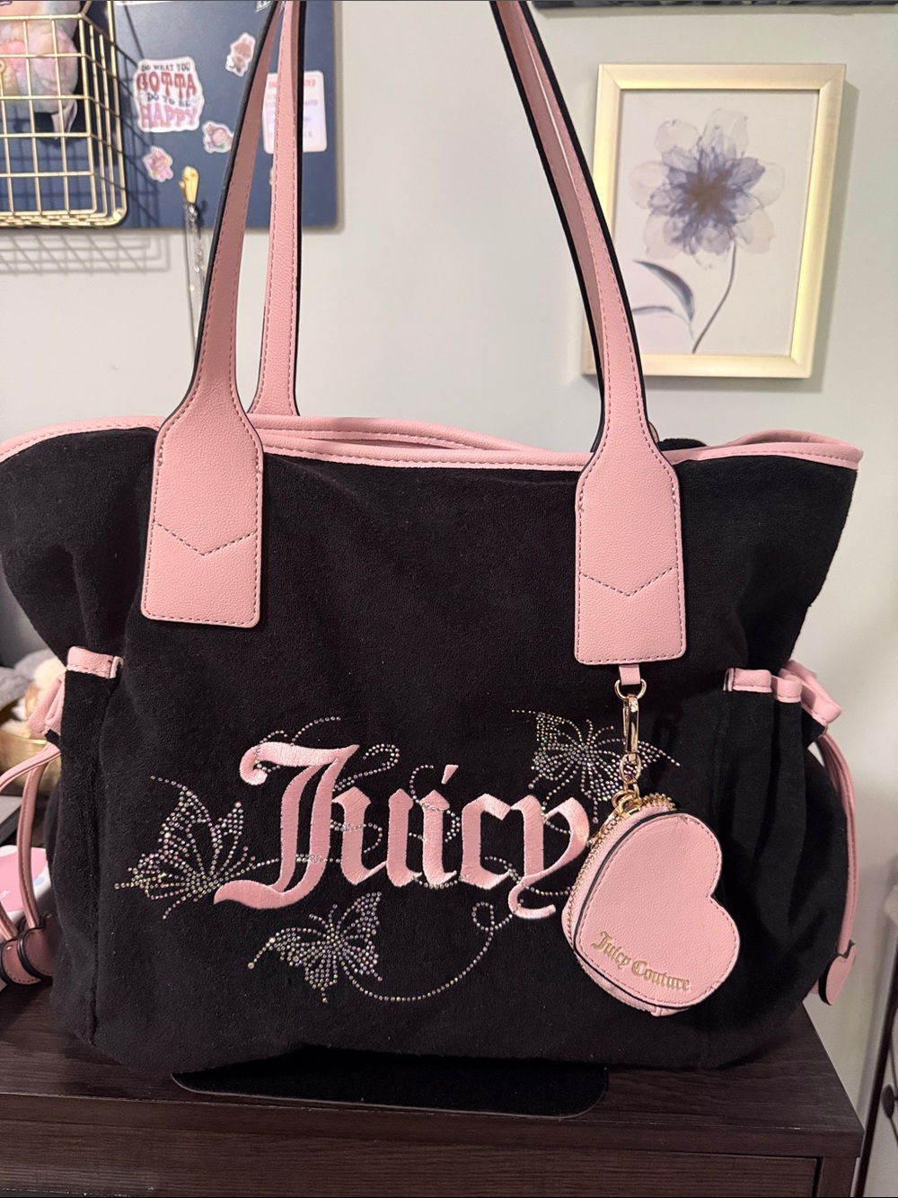 Juicy Couture Black Tote with Pink Trim and Heart Charm